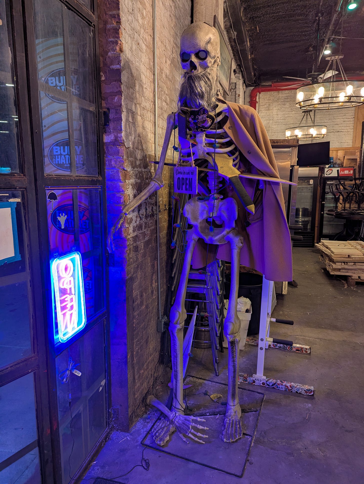 A tall plastic skeleton wearing a cape and a beard and holding a sword.