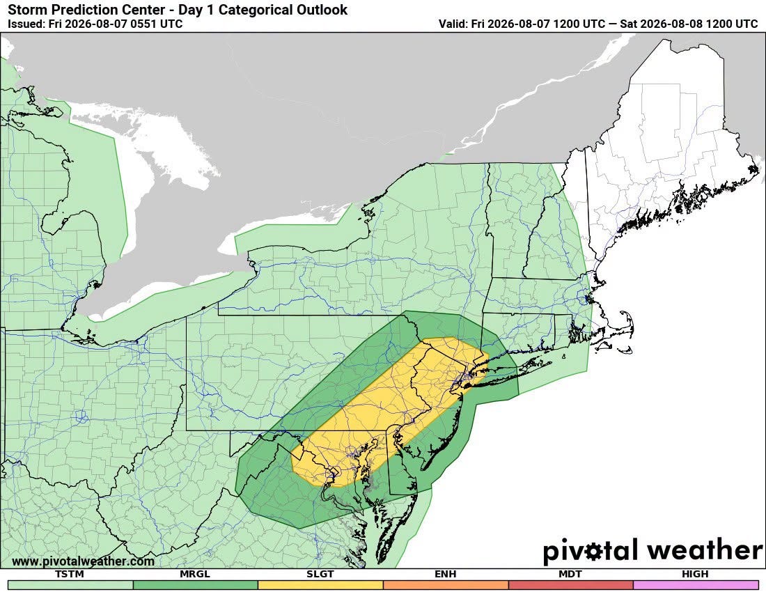 May be an image of map and text that says 'Storm Prediction Center Day 1 Categorical Outlook Issued: Fri 2026-08-07 0551 TC Valid: Fri 2026 2026-08-07 1200 Sat 2026-08-08 1200 UTC www. www.pivotalweather.com pivotalv TSTM MRGL SLGT ENH piv#tal weather MDT HIGH'