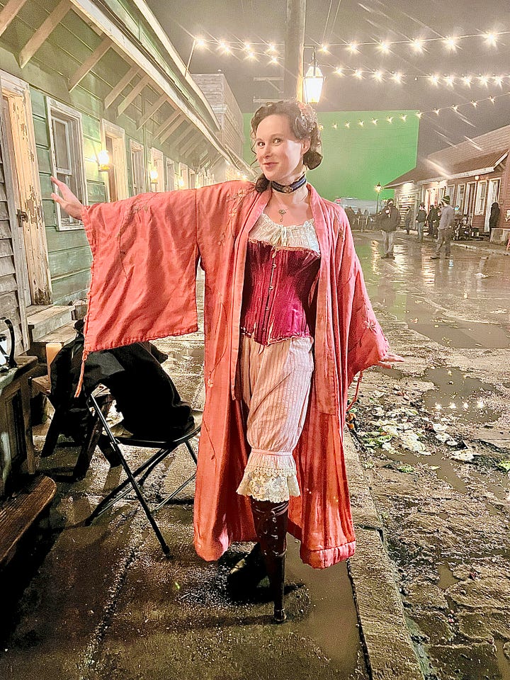 Actor Rachel Handler, brunette woman who looks about 30, appears as the character Doris in AMC's vampire series. Like Handler, Doris is an amputee. She's dressed in early 1900s garb, with per the character, brothel-style petticoats. As Doris, Handler's normal prosthetic leg is switched with a peg leg amputees at the time would have to utilize.