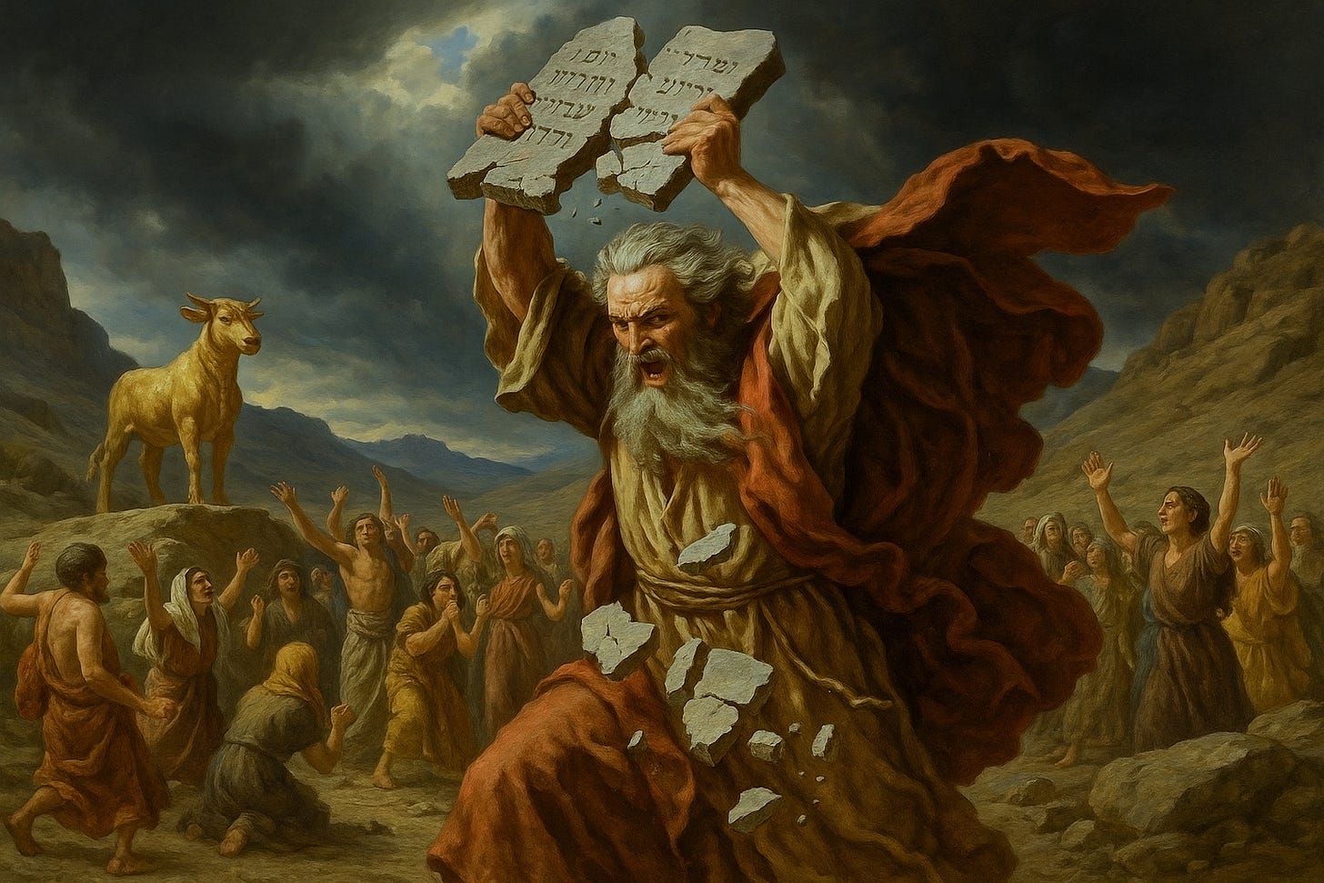 Image of Moses smashing the tablets with the Israelites and their golden calf in the background