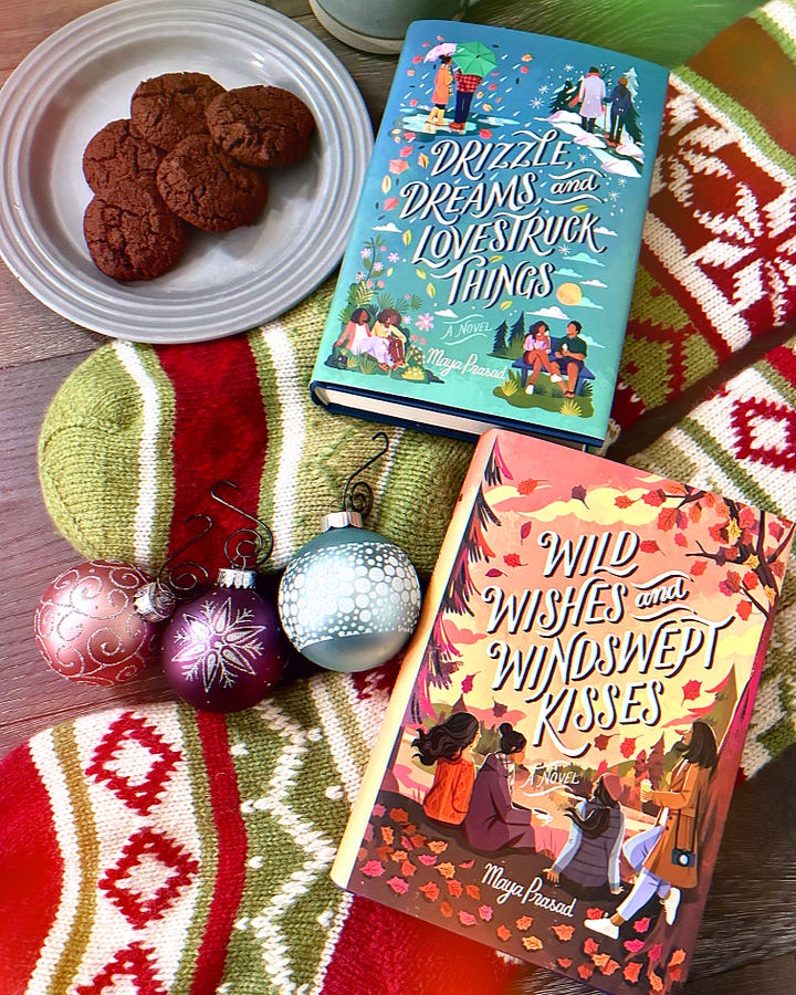 Sejal Sinha series & Singh sisters series with stockings, cookies, and ornaments.
