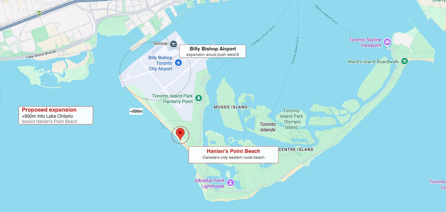 Annotated Google Maps screenshot showing Billy Bishop Airport on the Toronto Islands with a dashed circle highlighting the airport footprint, a label for Hanlan's Point Beach identifying it as Canada's only eastern nude beach, and a callout indicating the proposed 900-metre runway expansion westward into Lake Ontario toward the beach. Annotated Google Maps screenshot showing Billy Bishop Airport on the Toronto Islands with a dashed circle highlighting the airport footprint, a label for Hanlan's Point Beach identifying it as Canada's only eastern nude beach, and a callout indicating the proposed 900-metre runway expansion westward into Lake Ontario toward the beach.