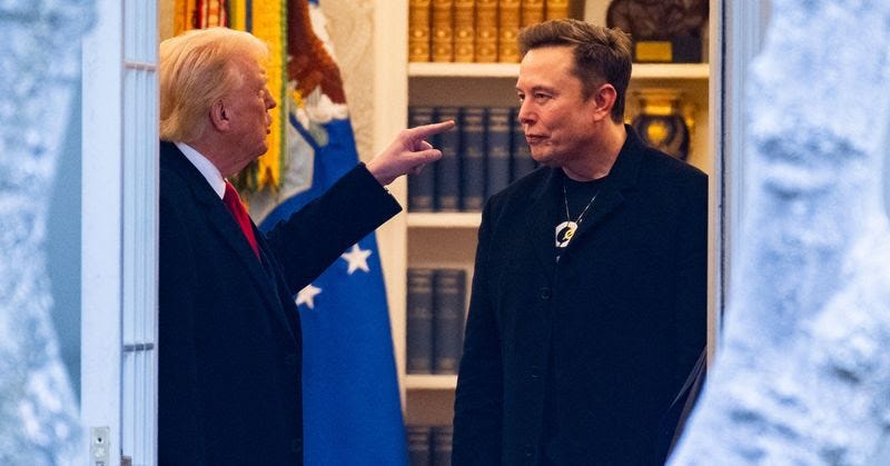 Image may contain: Elon Musk, Donald Trump, Clothing, Coat, Adult, Person, Accessories, Formal Wear, Tie, and Jewelry