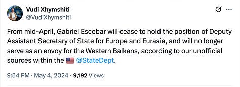 Tweets, 4–5 May 2024: my reports announcing Gabriel Escobar’s removal as U.S. envoy (two posts on 4 May) and, the following morning, Janusz Bugajski’s public endorsement, urging the appointment of uncorrupted envoys able to confront Russia’s proxies in Belgrade and Banja Luka.