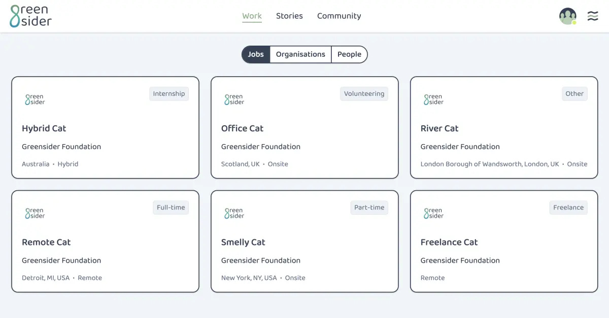 Preview of the Greensider Jobs page