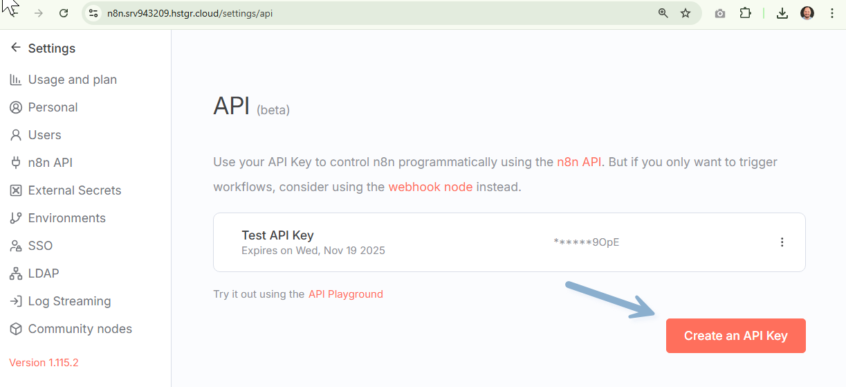  generate an n8n API key here: