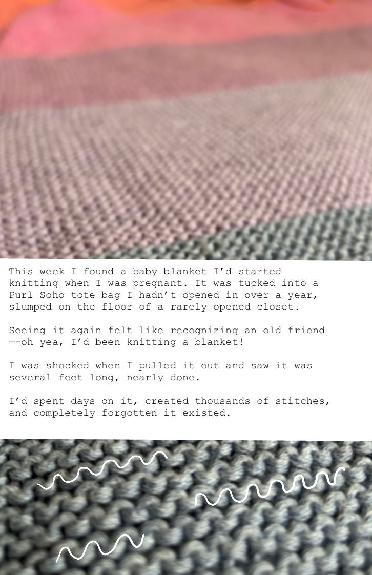 Text block over a soft-focus image of the blanket. The writing describes rediscovering a forgotten baby blanket knit during pregnancy, nearly finished but left untouched for over a year.