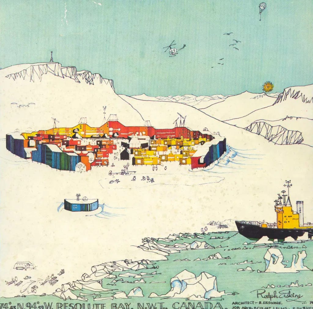 A detailed illustration of a walled settlement proposed for Resolute Bay. The settlement features a large, enclosed structure surrounded by a high wall. It is situated on a flat, snowy landscape with mountains in the background. A detailed illustration of a walled settlement proposed for Resolute Bay. The settlement features a large, enclosed structure surrounded by a high wall. It is situated on a flat, snowy landscape with mountains in the background.