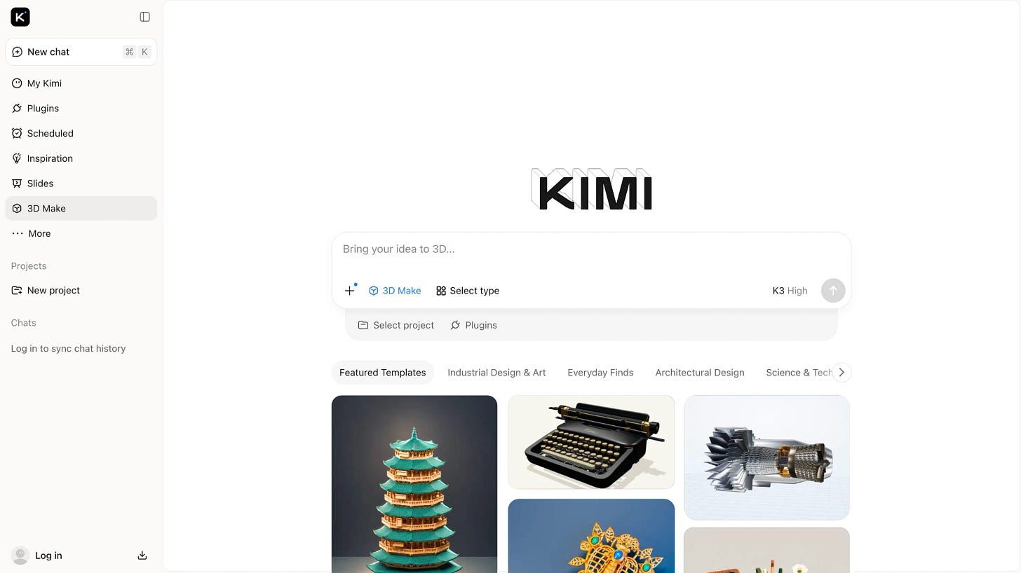 The Kimi 3D Make interface on kimi.com, with a prompt box for turning ideas into 3D models and featured templates including a pagoda, a typewriter, and a jet engine The Kimi 3D Make interface on kimi.com, with a prompt box for turning ideas into 3D models and featured templates including a pagoda, a typewriter, and a jet engine