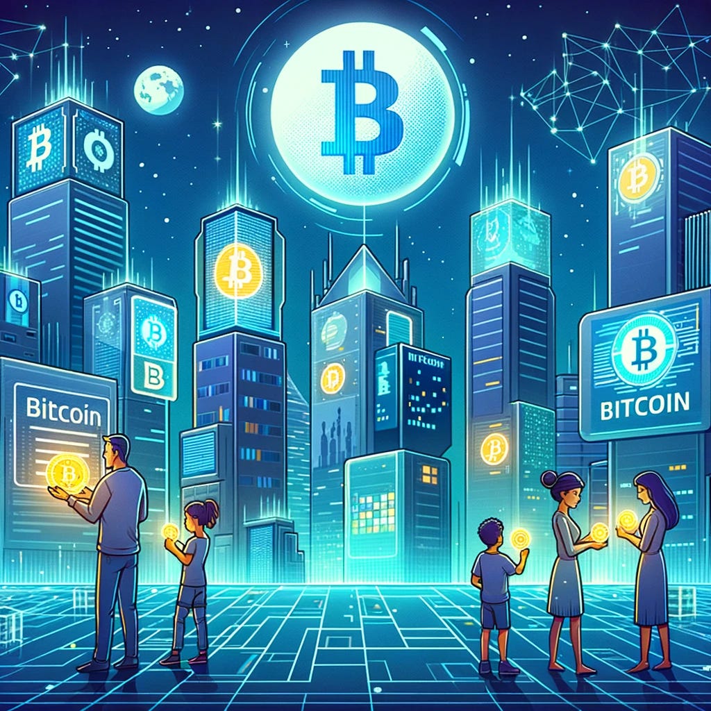 Illustration in a futuristic style showing a digital city skyline. Tall buildings have holographic displays showcasing Bitcoin symbols and positive headlines about its adoption. In the foreground, a family of diverse descent is shown making a transaction using Bitcoin from their digital devices, with a glow emanating from the screens. Above the skyline, the moon is replaced with a shining Bitcoin emblem, hinting at the phrase 'to the moon'.