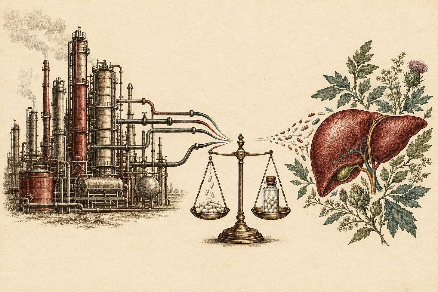 Refinery pipes flowing into an apothecary scale of capsules, received by a botanical liver. Refinery pipes flowing into an apothecary scale of capsules, received by a botanical liver.