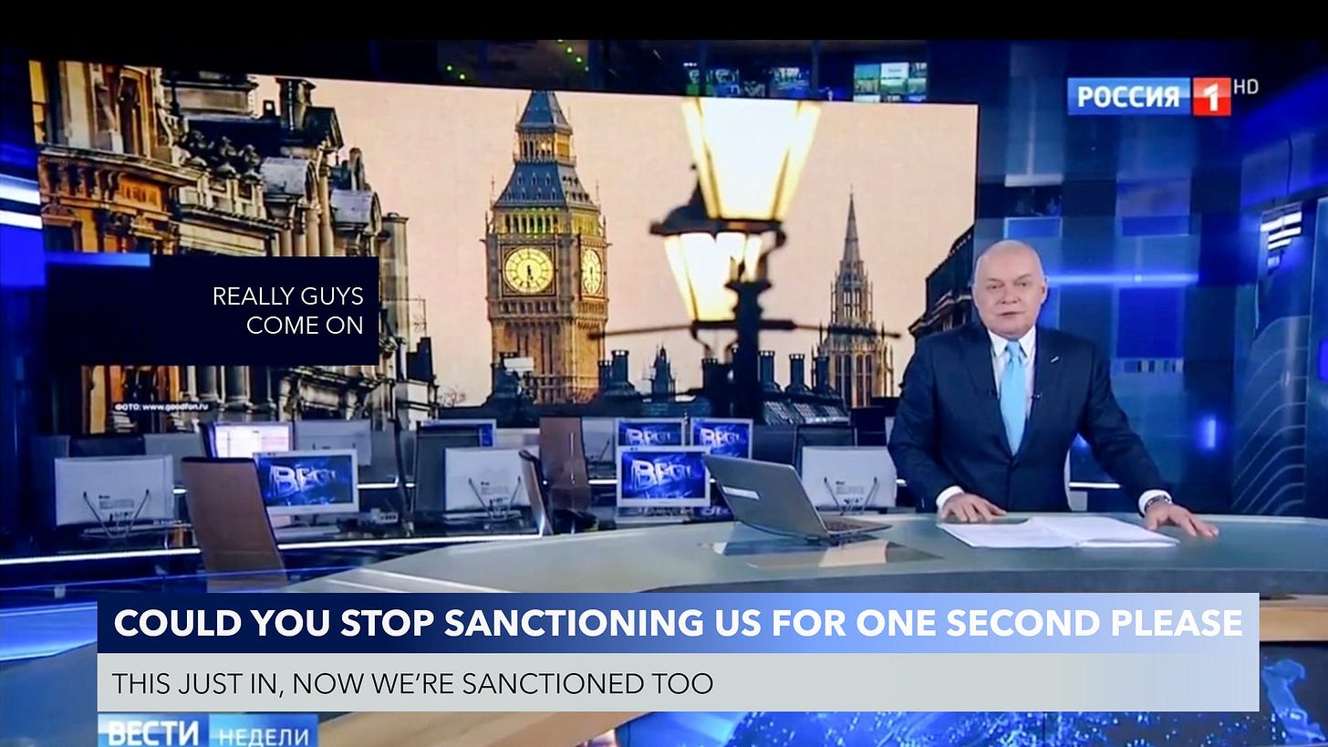 May be an image of 1 person and text that says 'HD poccиR REALLYGU GUYS REAL COME ON BE BE COULD YOU STOP SANCTIONING US FOR ONE SECOND PLEASE THIS JUST IN, NOW WE'RE SANCTIONED TOO BecTи HeAeли'