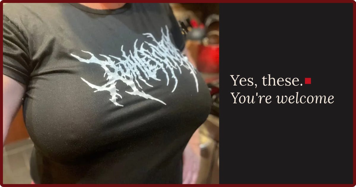 Image of my 50-something boobs in a black t-shirt. I've still got it!