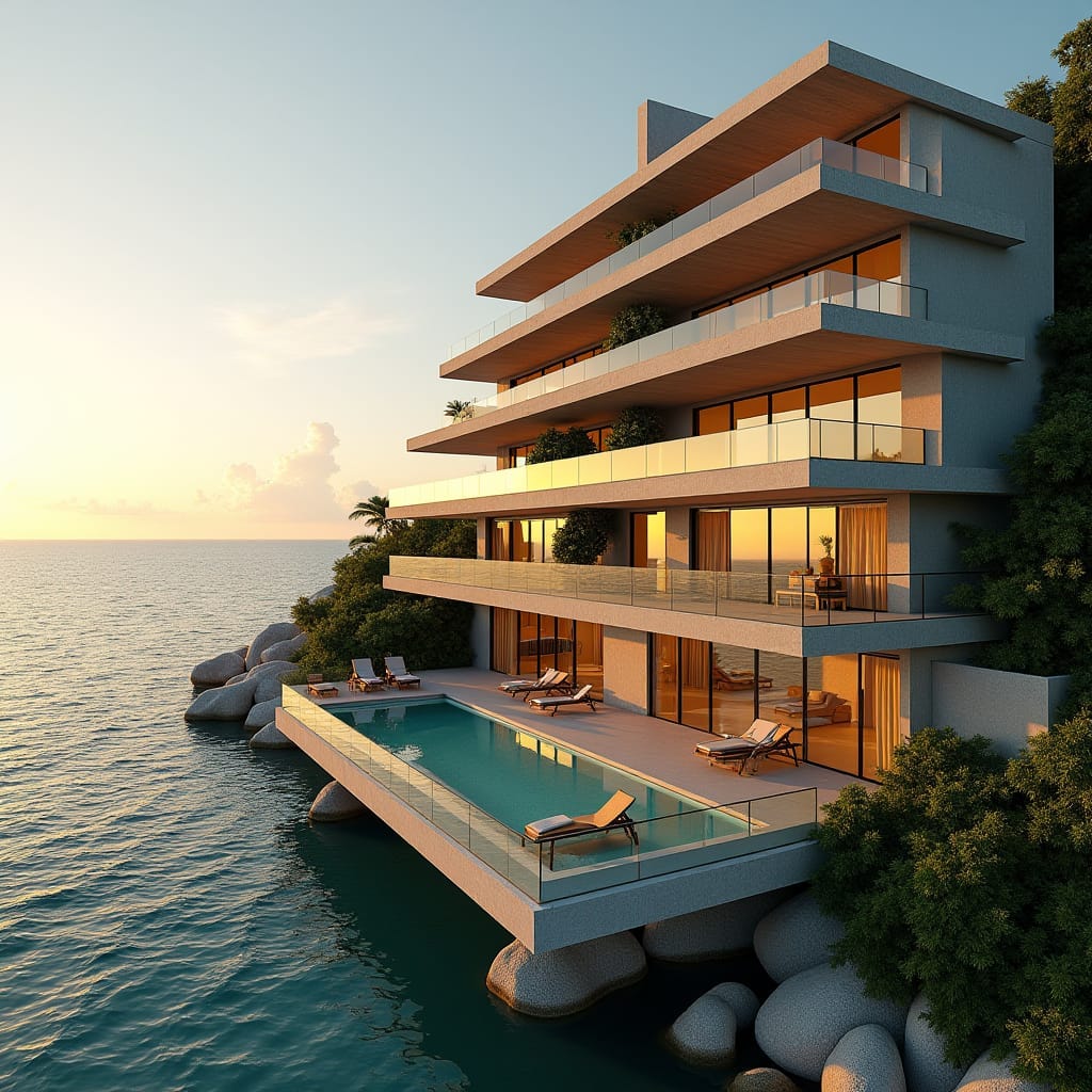 Modern 20-unit Jamaican apartment block in Ochi Rios, situated on a scenic beech coast, with a bold, futuristic design featuring numerous rectangular and square windows, expansive multi-level openings, and protruding balconies, set against a vibrant blue sky with puffy white clouds.