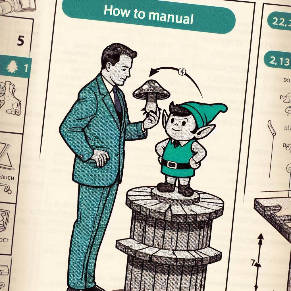 a manual graphic from a how to guide, showing a businessman bowing to a small elf with a mushroom 