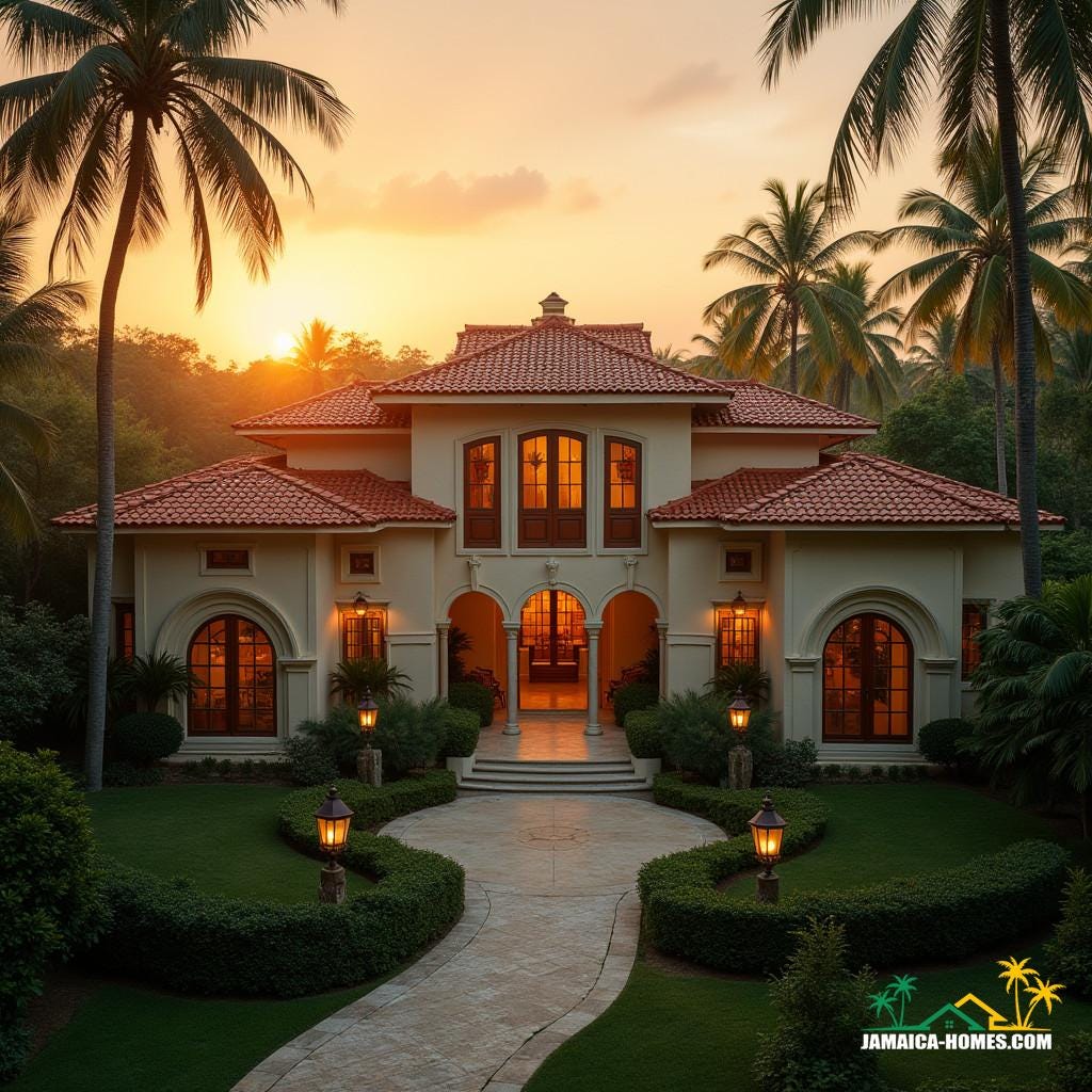 A majestic Mediterranean Revival estate in Jamaica, with stucco walls, terra cotta red-tiled roofs, and arched windows, set amidst lush tropical gardens