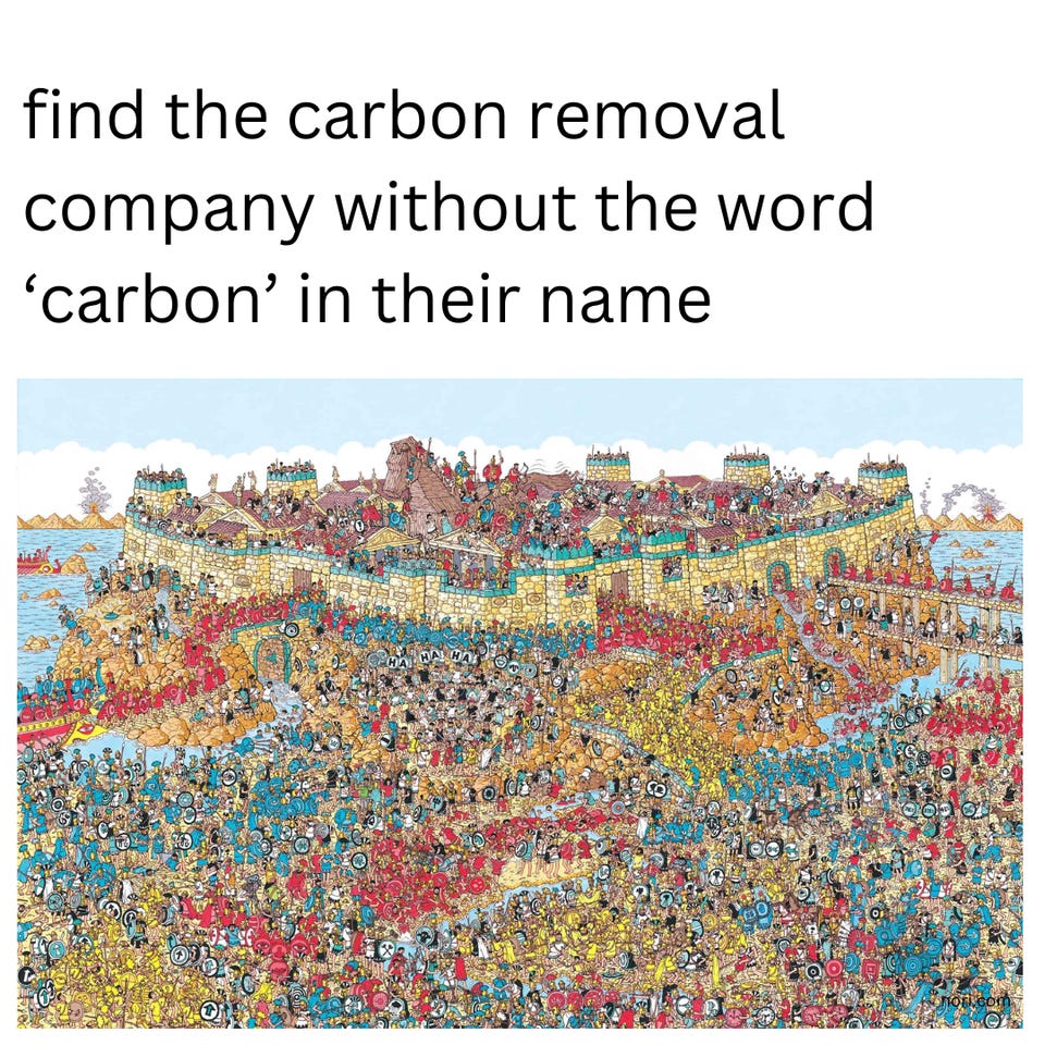A crowded Where's Waldo scene under the text "find the carbon removal company without the word 'carbon' in their name."