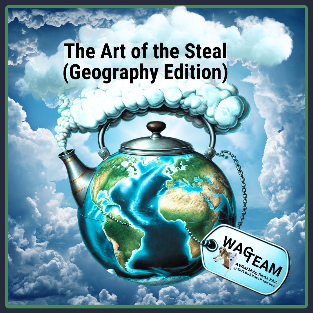 A chaotic, exaggerated map illustrating a satirical take on global borders, featuring absurd icons like giant money bags, trade routes drawn with tangled strings, and surreal political caricatures.