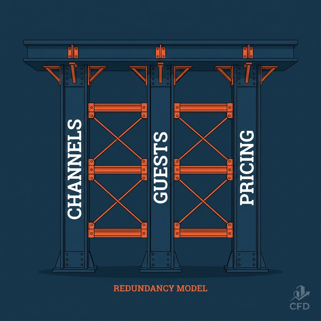 Redundancy Model visualization — three parallel pillars cross-connected, supporting stable platform Redundancy Model visualization — three parallel pillars cross-connected, supporting stable platform