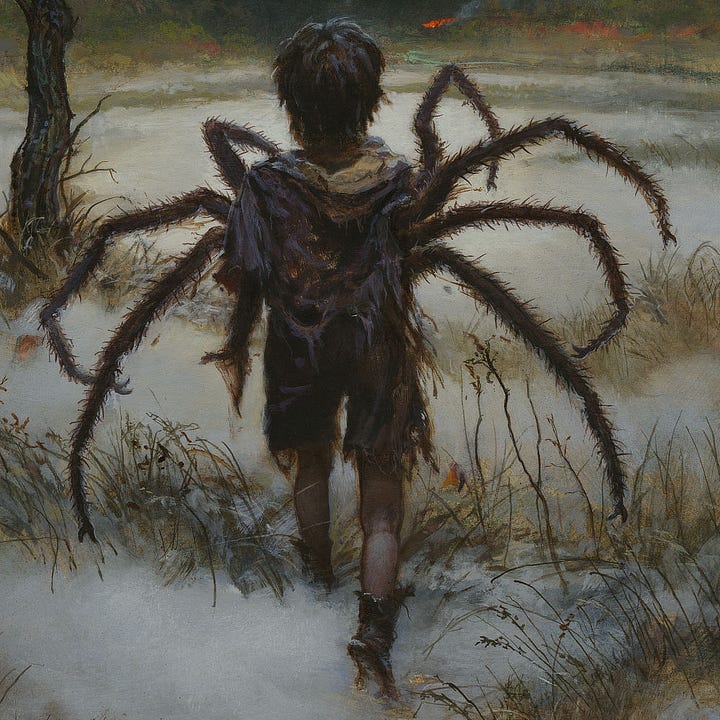 LEFT: Viewed from behind, Mordred is caught in transformation between spider and boy. Browning vegetation forms lines in the snow that extend around a single tree with thinning leaves. His clothes are in tatters, exposing his bare legs to the elements as he crosses tundra. A blaze of orange holds his attention, signifying a campfire at the edge of the tree line in the distance. Seven hairy spider limbs extend from his torso with his left arm forming a stub as it becomes the eighth. RIGHT: Figure detail from COLD AND ALONE featuring Mordred caught in transformation between spider and boy. His clothes are tattered, exposing his bare legs to the elements. Boots crunch snow on the tundra as he trods onward. Spider legs unfold from his back with the last forming like a stump from his left arm.