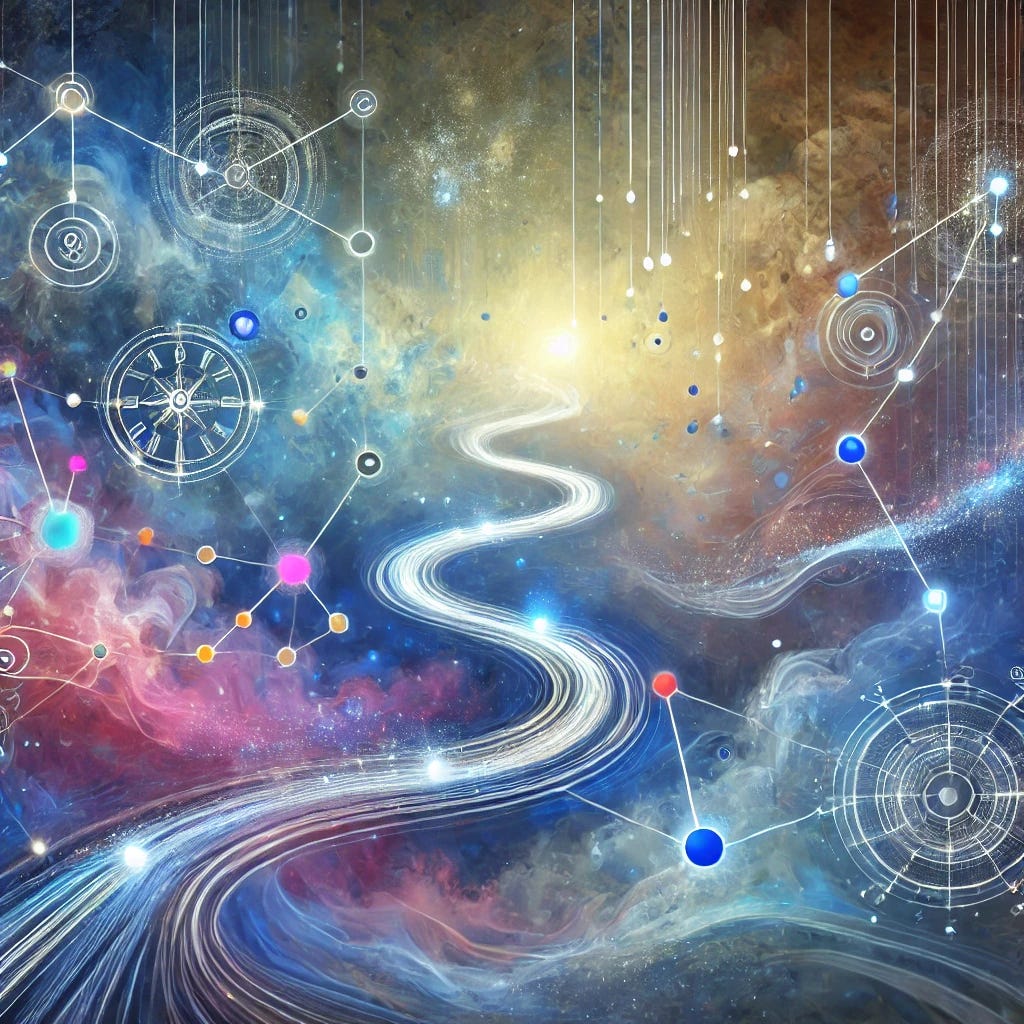 An abstract representation of life as a journey. A central meandering line, symbolizing the path of life, stretches across a dreamy background of swirling mist in shades of blue and purple. Along the line, colorful dots of varying sizes represent significant moments and choices. Radiating from the line, a web of glowing threads connects the dots, illustrating the complex interplay of free will and determinism. Overlapping transparent shapes hint at alternative outcomes, adding a sense of superposition. Quirky elements like floating clocks and abstract symbols are scattered throughout, creating a whimsical, thought-provoking atmosphere.