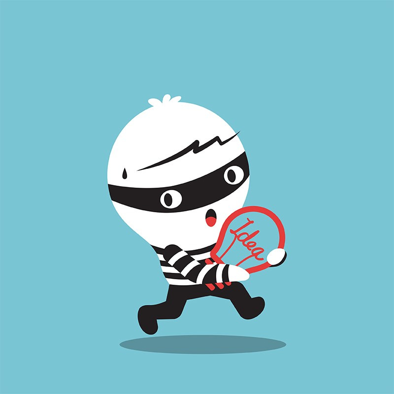 Cartoon of lightbulb wearing bandit mask running off with lightbulb with Idea written on it