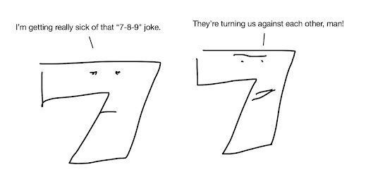 Two anthropomorphic 7’s. The first 7, looking dejected: “I’m getting really sick of that ‘7-8-9’ joke.” The second 7, looking angry: “They’re turning us against each other, man!”