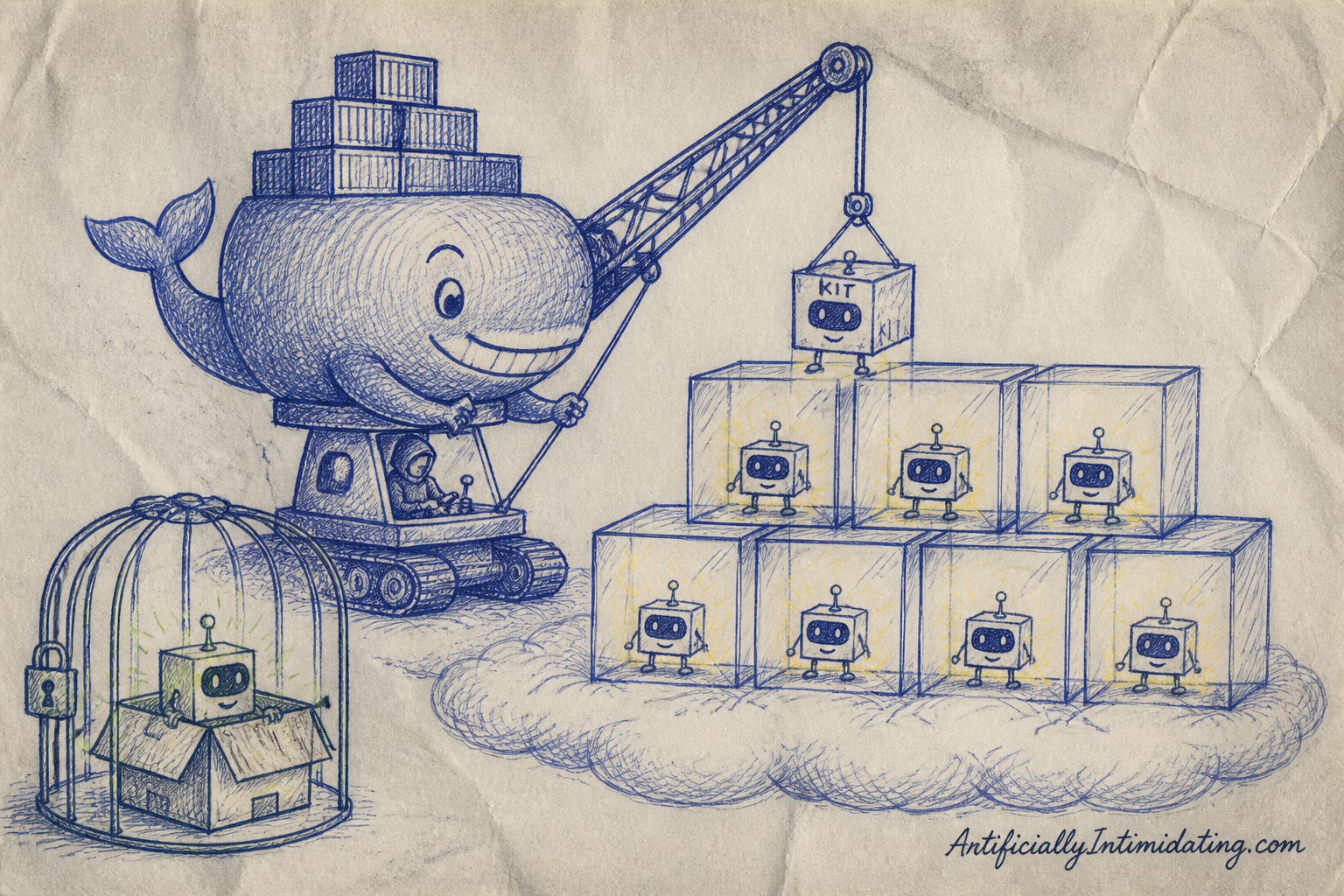 A hand-drawn illustration of a Docker whale crane lowering small robot agents into individual glass isolation boxes on a cloud platform.