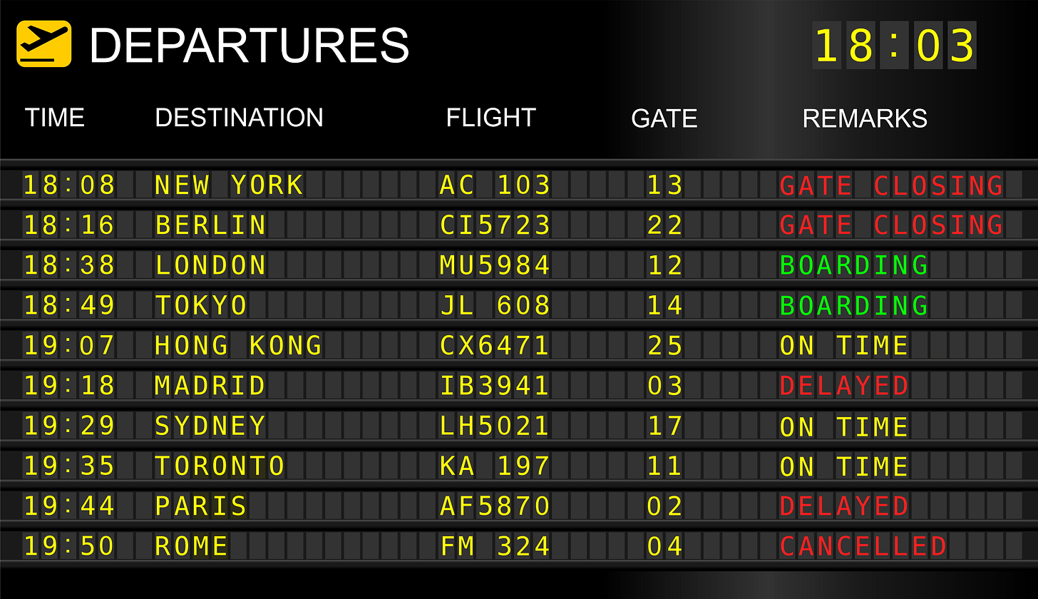 An example of an electronic flight status board at an airport showing flights that are boarding, on time, delayed and cancelled.