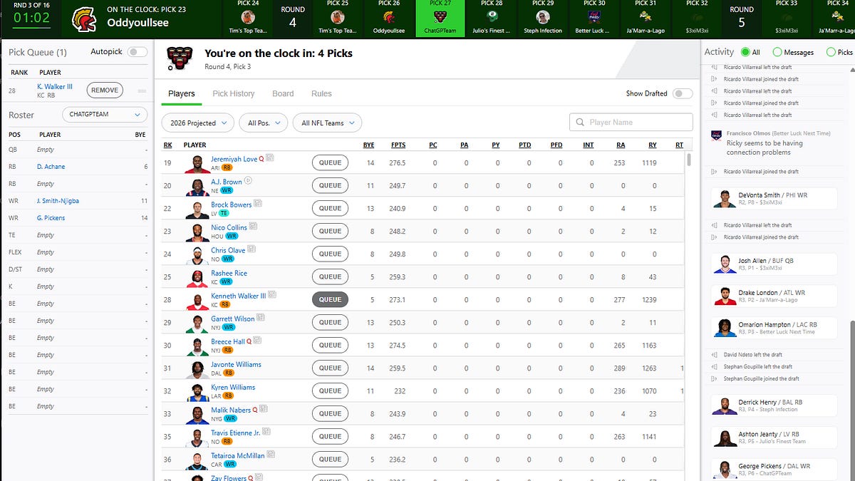 ChatGPT and Claude Run My Fantasy Football Team: Draft Edition