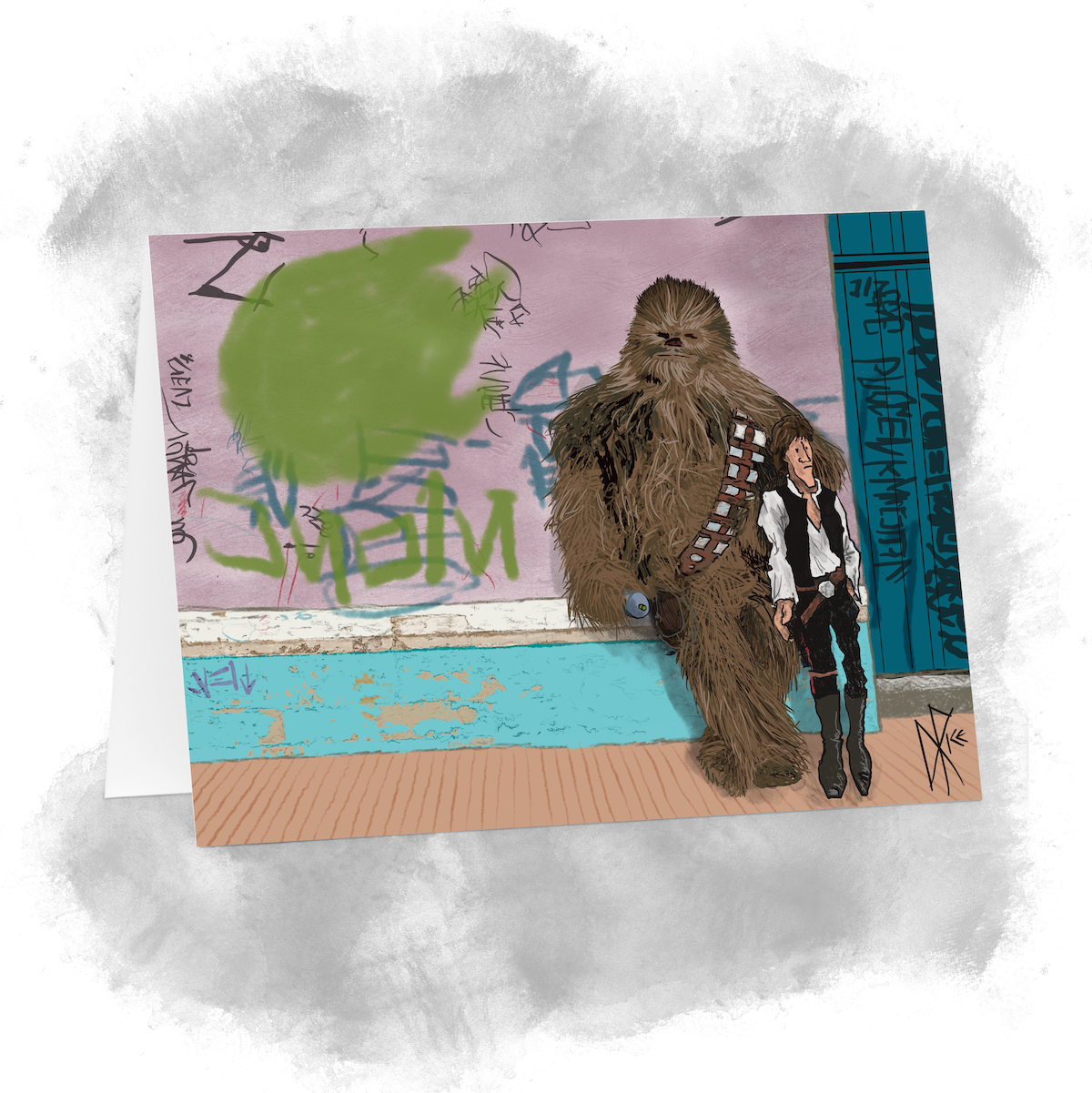 Cartoon of Chewbacca and Han leaning against a wall that Chewie has just tagged. Sketch art by Don Rice.