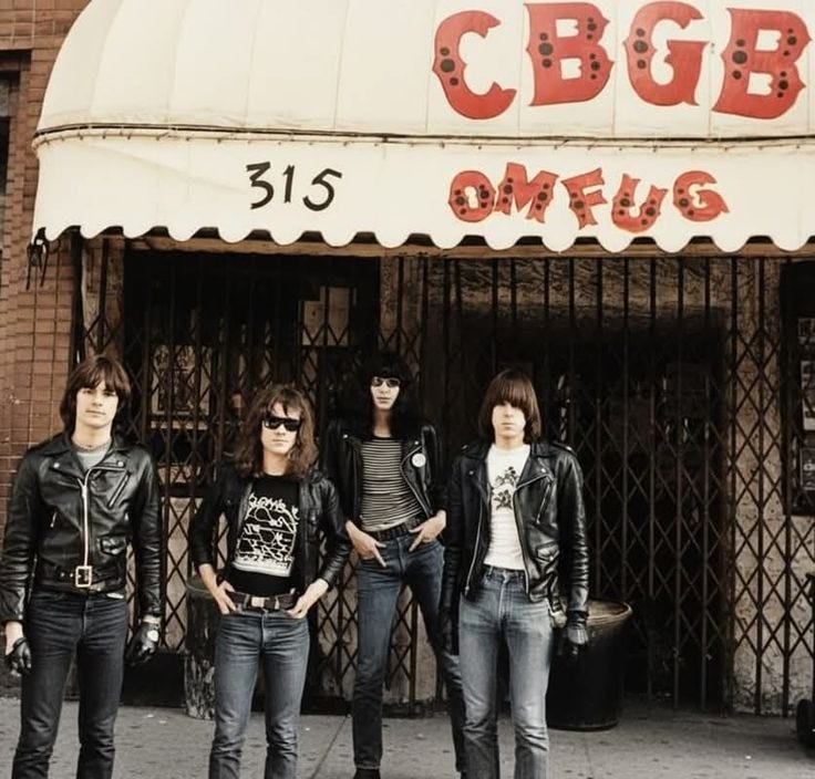 This may contain: four people standing in front of a building with the words cbgb omfug on it This may contain: four people standing in front of a building with the words cbgb omfug on it