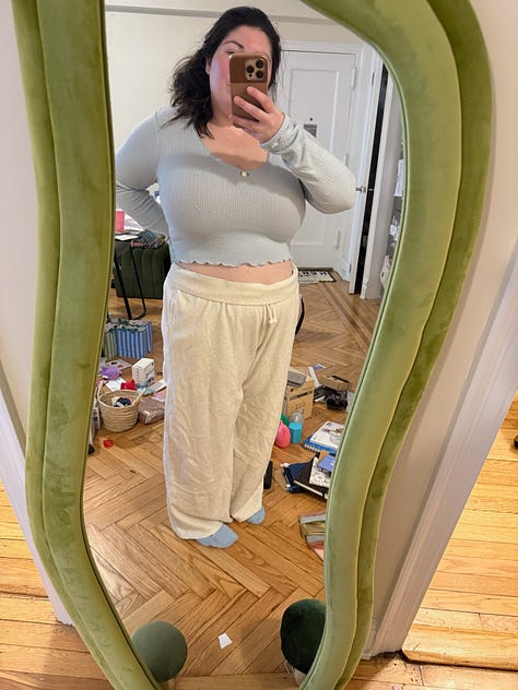 seven different outfit photos taken in front of a mirror