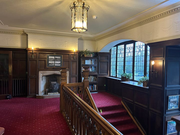 Four images of the grand hand-carved oak staircase at Petwood Hotel, Woodhall Spa. 