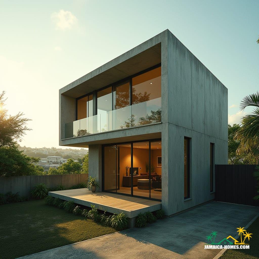Compact Rooftop Deck Home – Kingston
Design: Single 24-ft module with flat roof doubling as small rooftop deck.
Materials: Concrete, steel, glass panels, timber deck.
Features: Solar panels, rainwater system, small garden patch at ground level, vertical thin windows.
Environment: Urban Kingston lot, cityscape background, tropical sun, small surrounding yard.
Style Notes: Ultra-modern, minimalist, small footprint with outdoor space.