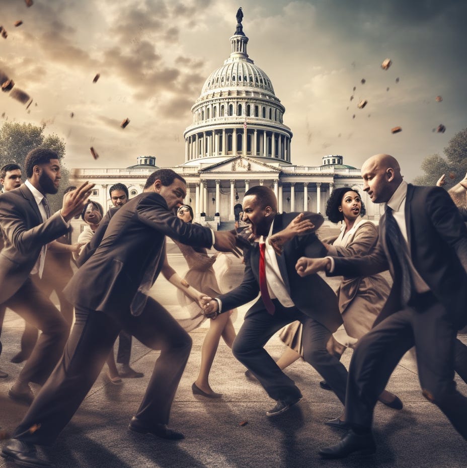 A group of people in suits fighting in front of a white house
Description automatically generated with low confidence A group of people in suits fighting in front of a white house
Description automatically generated with low confidence