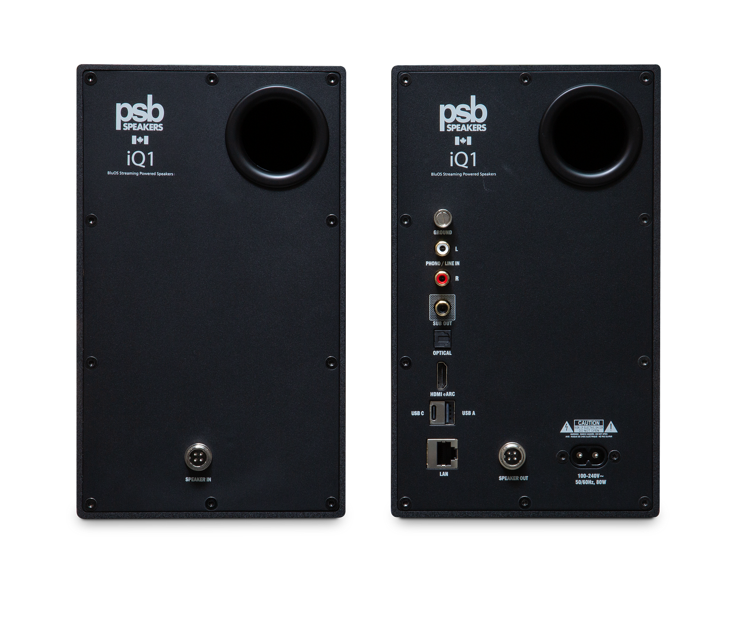 Rear panels of the PSB iQ1 speakers showing multiple digital and analog ports.