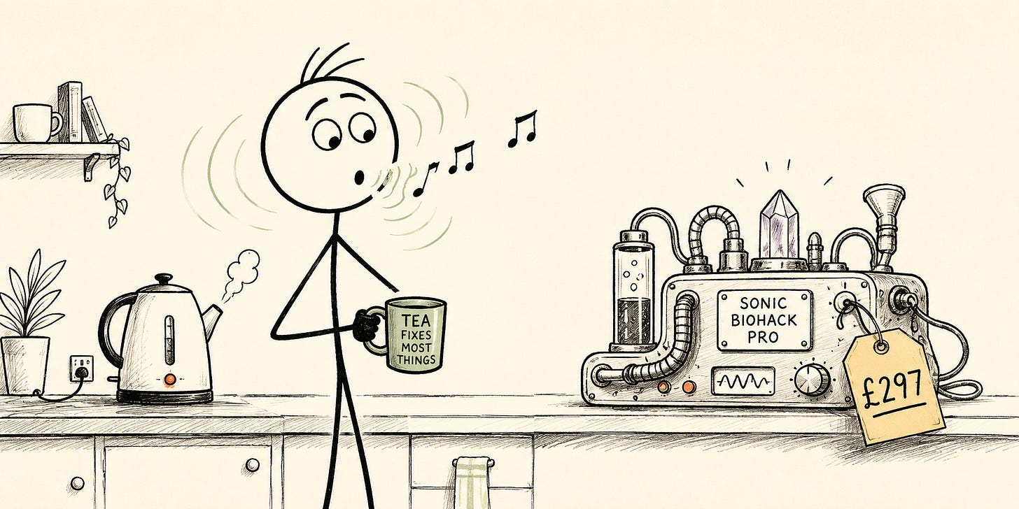 A stick-figure hums while making tea as an overpriced wellness gadget sits ignored on the counter. A stick-figure hums while making tea as an overpriced wellness gadget sits ignored on the counter.