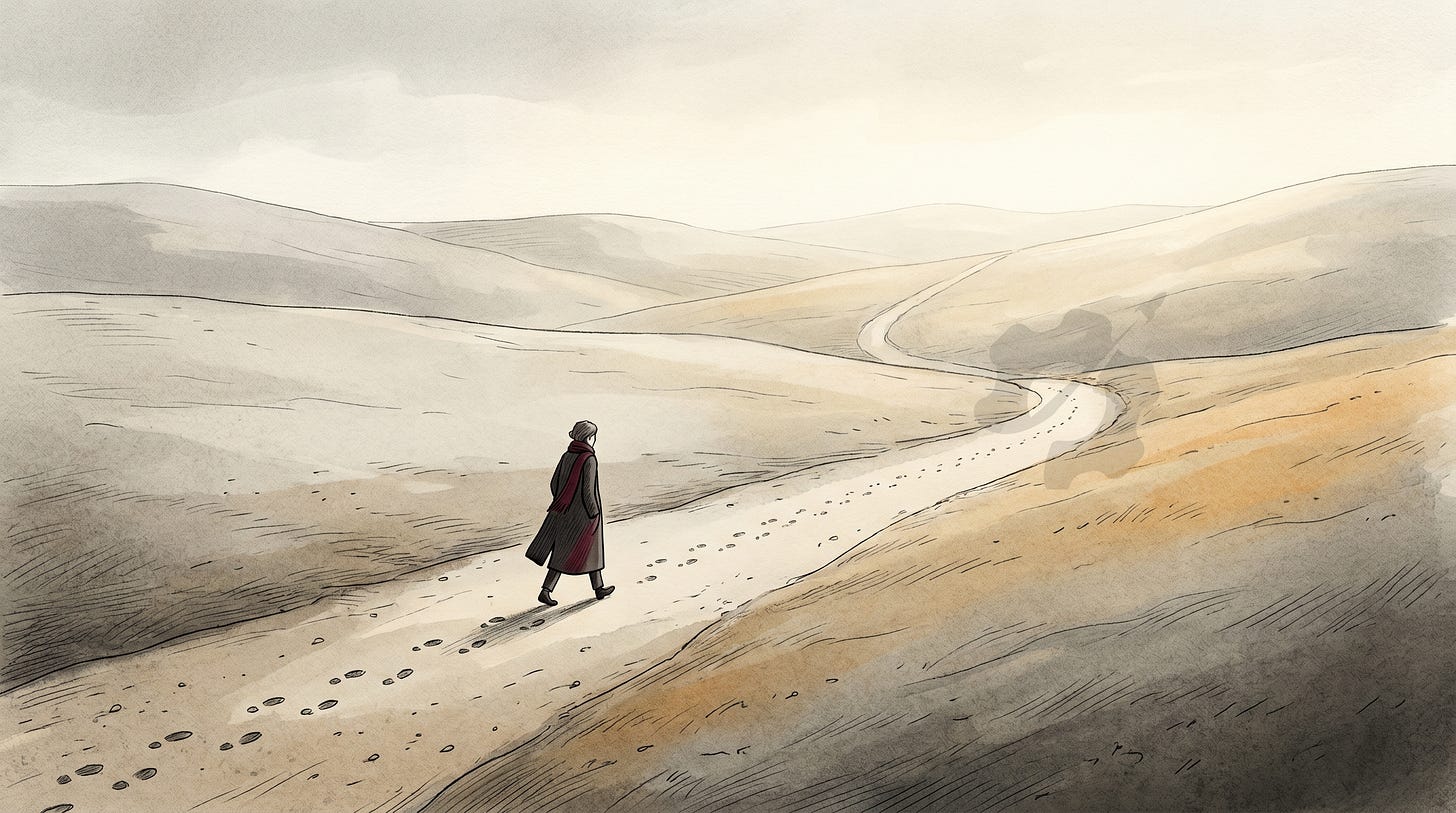 Editorial illustration of a solitary figure standing before a sequence of tall doorways in a corridor. The first doorways glow with warm amber light, while one ahead is dark and blocked. The figure contemplates the barrier — a visual metaphor for the ADKAR model's diagnostic approach to identifying exactly where in the change journey a person is stuck.
