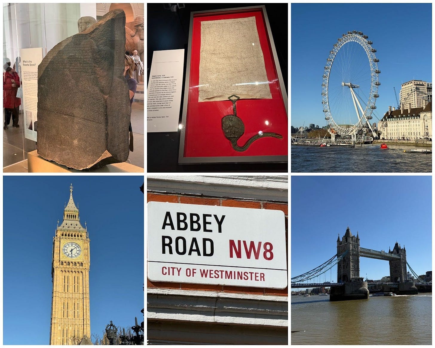 A collage of six London landmarks and artifacts: the Rosetta Stone, Magna Carta, London Eye, Big Ben, Abbey Road sign, and Tower Bridge.