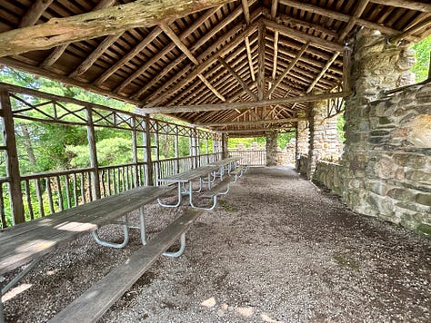 train, picnic tables, display, inside