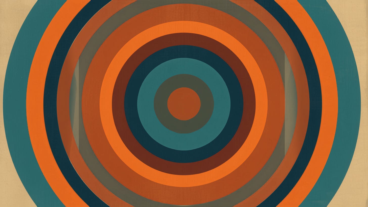 Concentric orange, teal, and navy rings radiating outward in a retro geometric pattern. Concentric orange, teal, and navy rings radiating outward in a retro geometric pattern.