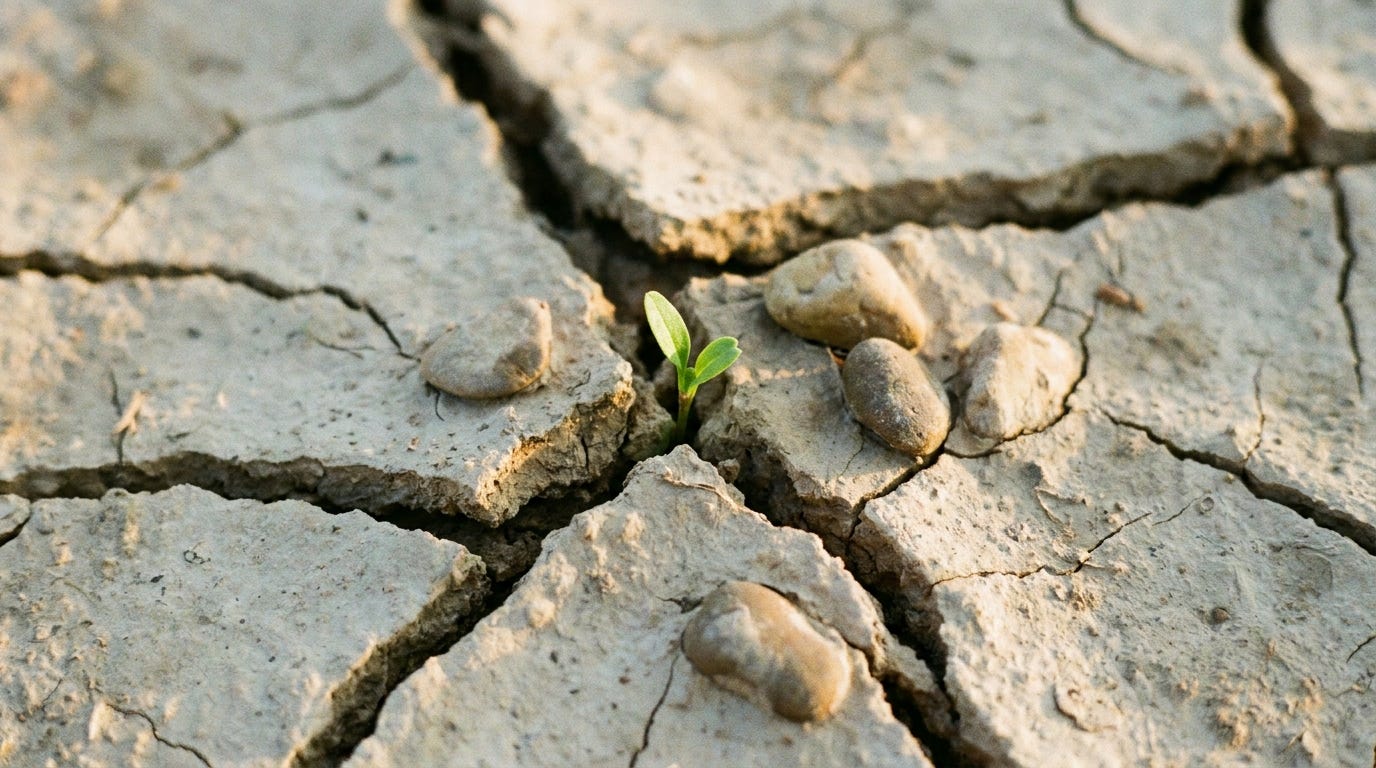 A close view of a dry riverbed and cracked earth at dawn with a single green shoot breaking through, soft cool light