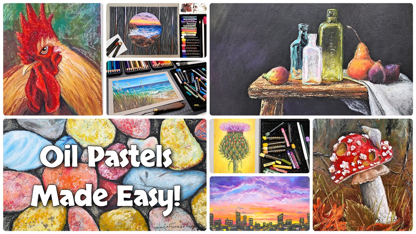 collage photo of projects from oil pastels made easy