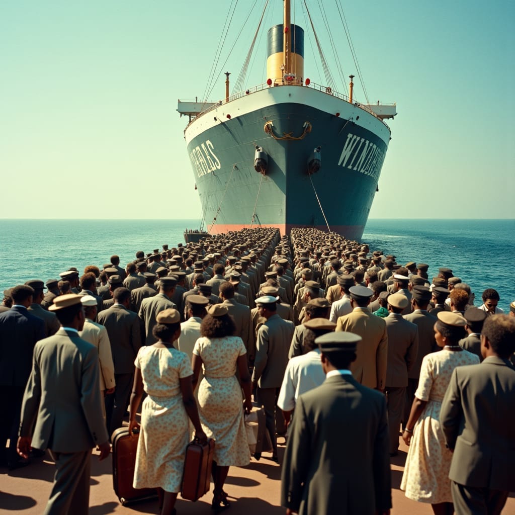 Historical HMT Empire Windrush ship arriving in Britain, 1940s, warm sunlight casting long shadows, clear blue skies, calm waters, reflecting the optimism of the era. Black Jamaican passengers, dressed in authentic attire, bustling on deck: men in suits, fedoras, and trilbies, some holding vintage suitcases, others wearing casual work clothing; women in modest, knee-length dresses, headscarves, and pearl necklaces, exuding hope, curiosity, and pride. The ship's massive structure towers behind, 'Windrush' emblazoned on its side in bold, Art Deco lettering. Inspired by the cinematography of Roger Deakins, influenced by the vibrant colors of Gordon Parks, and the poignant realism of Malick Sidibé, with a touch of classical Hollywood grandeur.