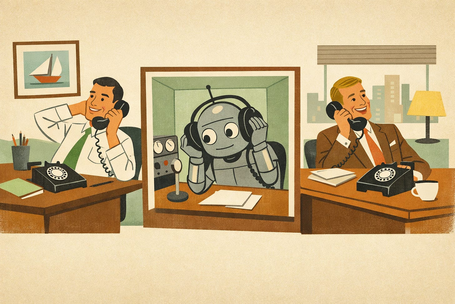 Mid-century style illustration showing two businessmen talking on rotary phones at their desks, smiling and relaxed. Between   them, a cartoonish robot sits in a small booth wearing headphones, listening to their conversation. The style evokes 1960s magazine   illustrations.