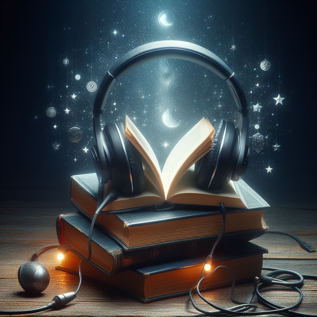 headphones connected to a book, to represent an audiobook