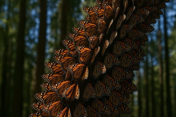 Monarch butterflies clustered on a tree