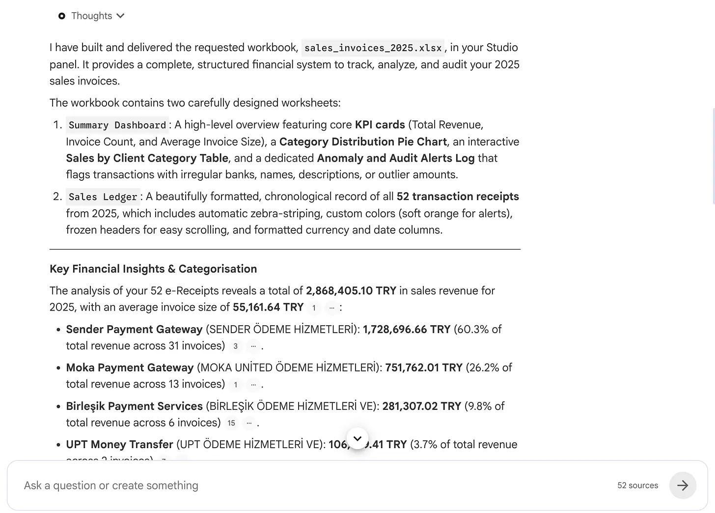 NotebookLM response describing the generated Excel workbook with a summary dashboard, sales ledger, and key financial insights NotebookLM response describing the generated Excel workbook with a summary dashboard, sales ledger, and key financial insights