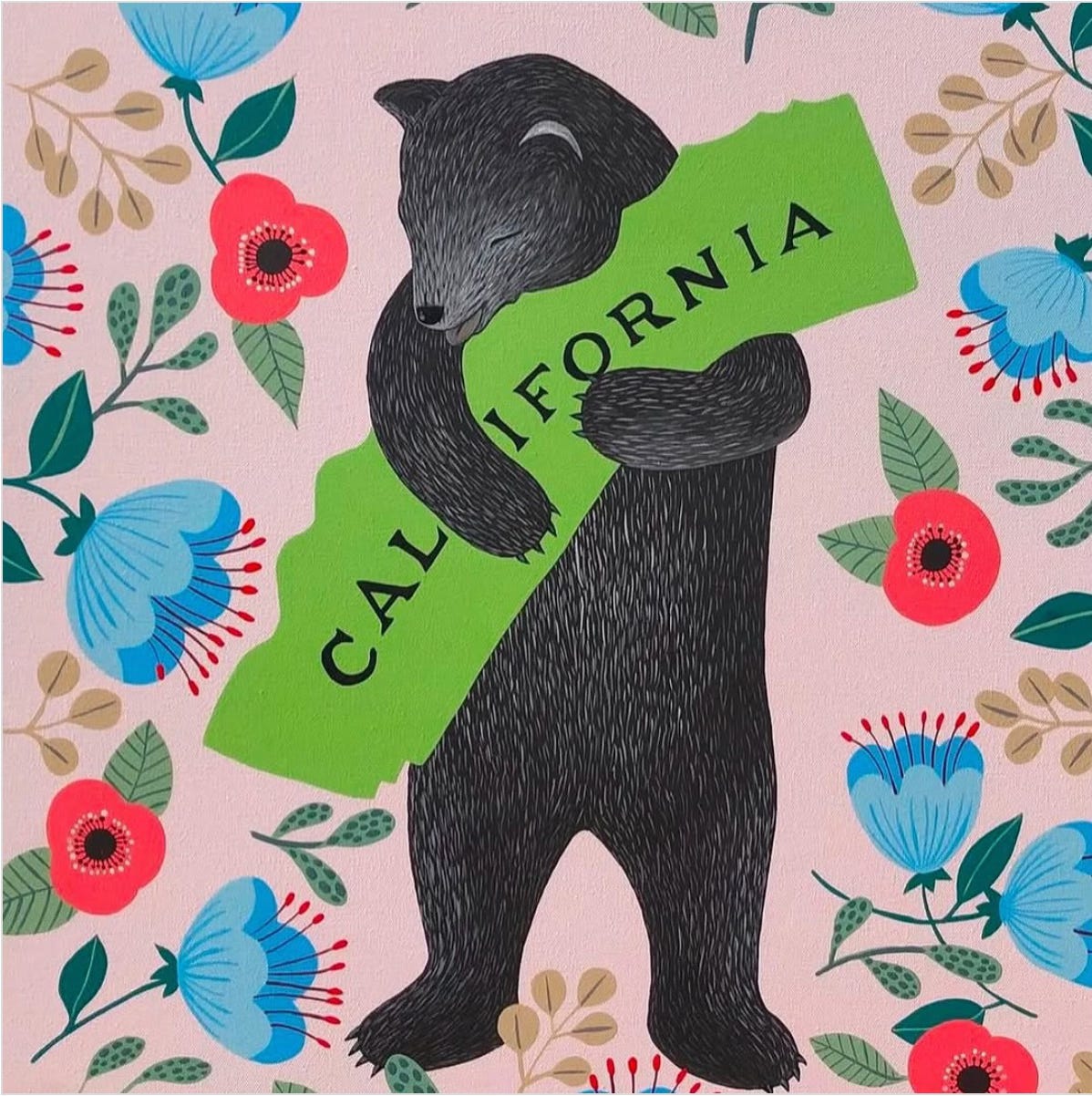 Black bear hugging a cutout of the state of California; pale pink background with red and blue flowers surrounding the main image